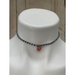 Heart shape pendant on rhinestone necklace  12.5" (Choker) Blue with Pink Heart